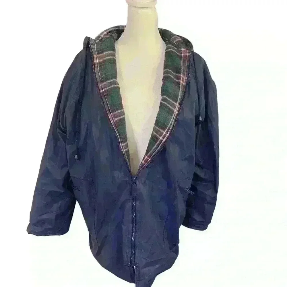 Totes Women's PVC Navy Blue Coat Jacket With Hood Full Zip Size S Raingear
